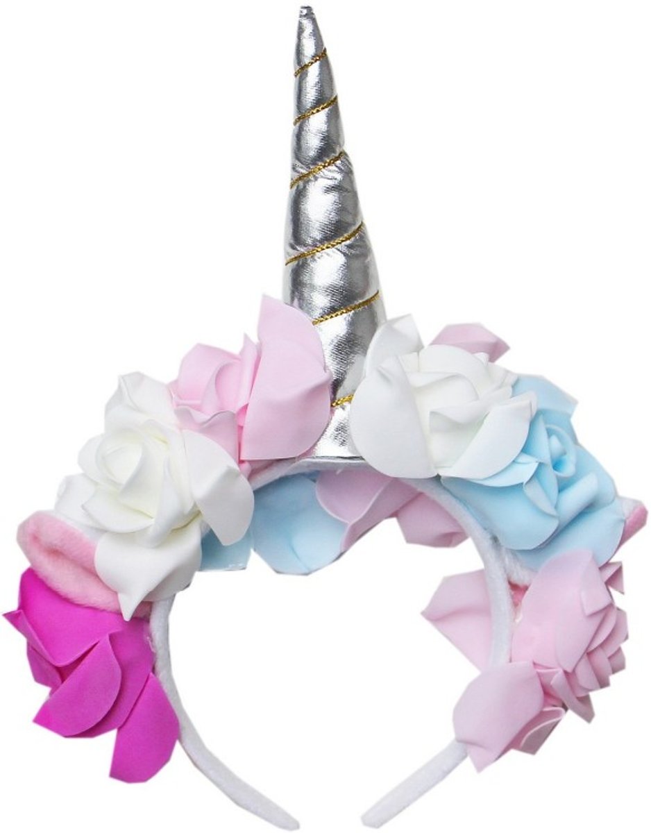 Unicorn diadeem zilver/gekleurde bloemen | Eenhoorn diadeem zilver/gekleurde bloemen